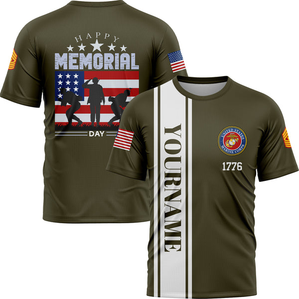 Custom Olive 1776 American Flag U.S Marine Corps Military Rank Name Memorial Day T-Shirt