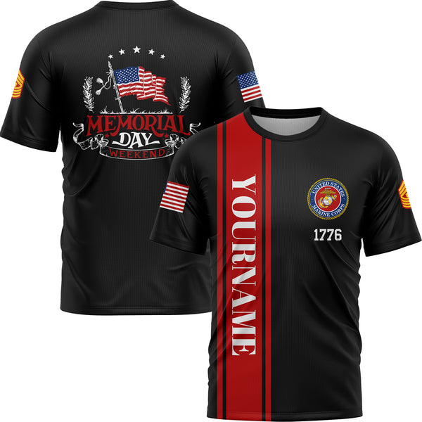 Custom Black 1776 American Flag U.S Marine Corps Military Rank Name Memorial Day T-Shirt