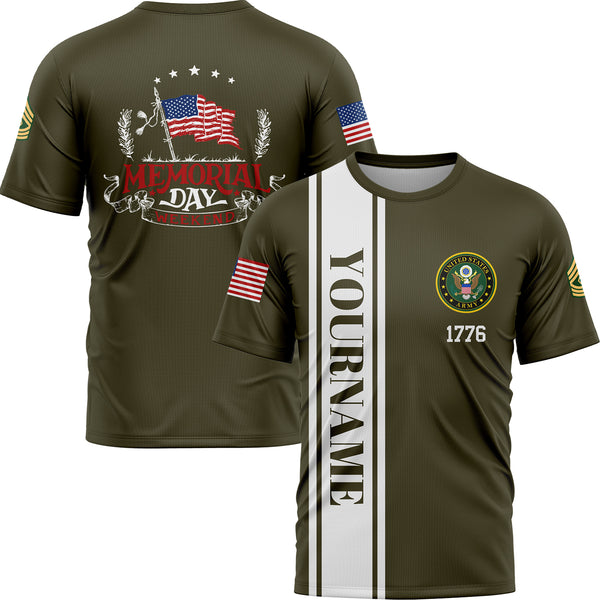 Custom Olive 1776 American Flag U.S Army Military Rank Name Memorial Day T-Shirt