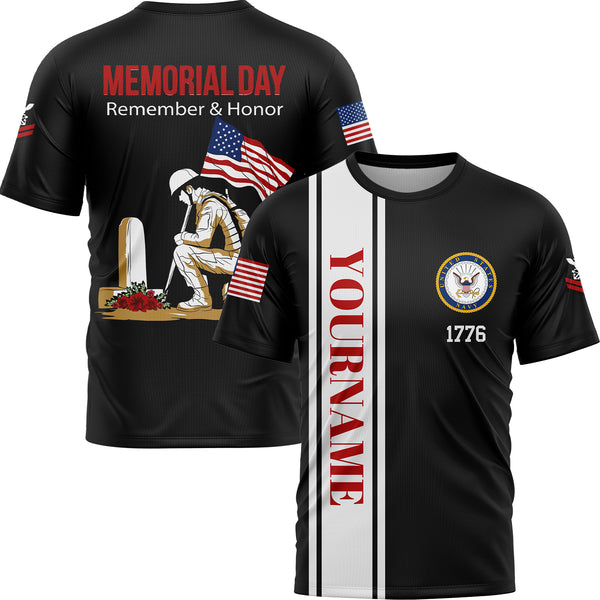 Custom Black Remember Honor 1776 American Flag U.S Navy Military Rank Name Memorial Day T-Shirt