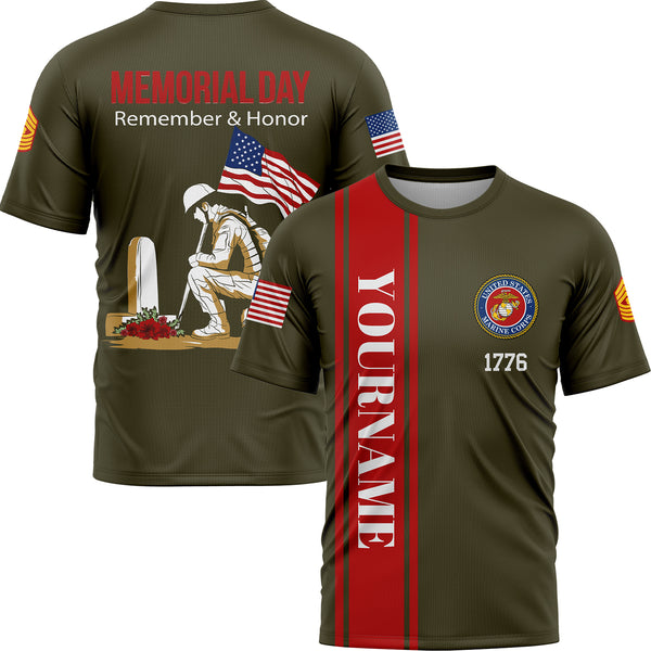 Custom Olive Remember Honor 1776 American Flag U.S Marine Corps Military Rank Name Memorial Day T-Shirt