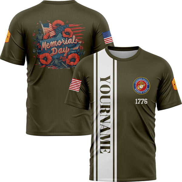 Custom Olive Flower 1776 American Flag U.S Marine Corps Military Rank Name Memorial Day T-Shirt