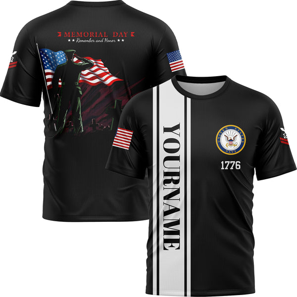 Custom Black Tombstone Remember And Honor 1776 American Flag U.S Navy Military Rank Name Memorial Day T-Shirt