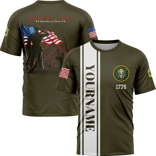 Custom Olive Tombstone Remember And Honor 1776 American Flag U.S Army Military Rank Name Memorial Day T-Shirt