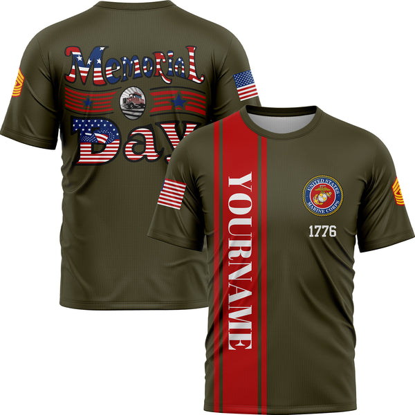Custom Olive Truck 1776 American Flag U.S Marine Corps Military Rank Name Memorial Day T-Shirt