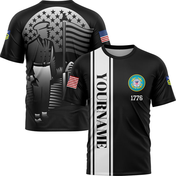 Custom Black Tombstone 1776 American Flag U.S Coast Guard Military Rank Name Memorial Day T-Shirt