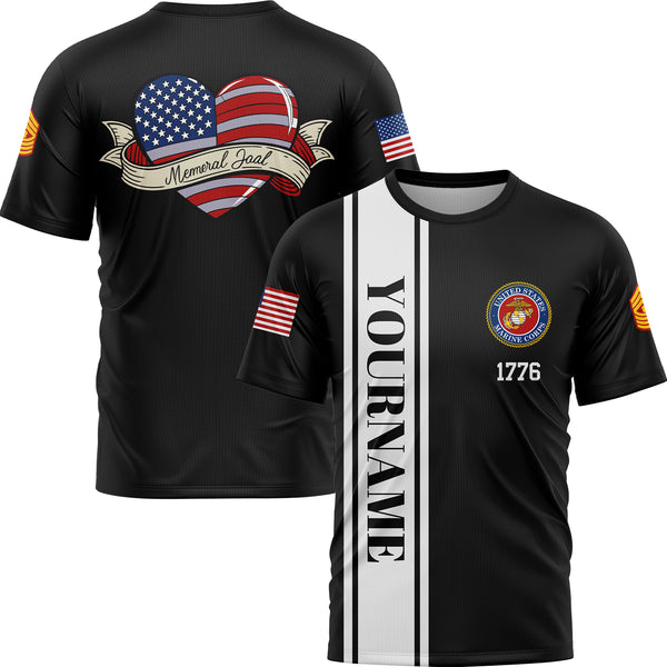 Custom Black Love 1776 American Flag U.S Marine Corps Military Rank Name Memorial Day T-Shirt