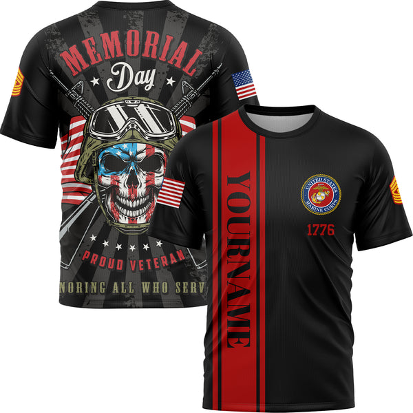 Custom Black Proud Veteran Honoring All Who Served 1776 American Flag U.S Marine Corps Military Rank Name Memorial Day T-Shirt