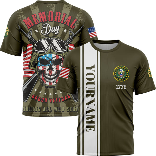Custom Olive Proud Veteran Honoring All Who Served 1776 American Flag U.S Army Military Rank Name Memorial Day T-Shirt