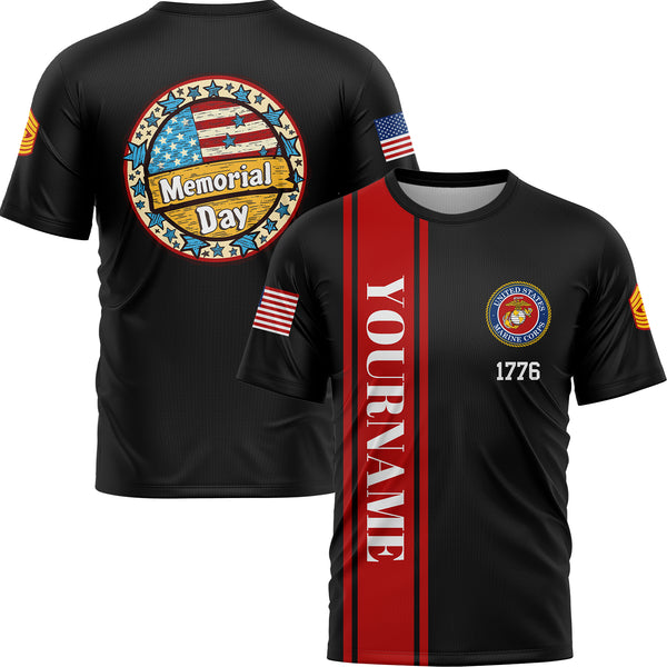 Custom Black 1776 American Flag U.S Marine Corps Military Rank Name Memorial Day T-Shirt