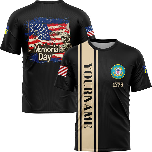 Custom Black 1776 American Flag U.S Coast Guard Military Rank Name Memorial Day T-Shirt