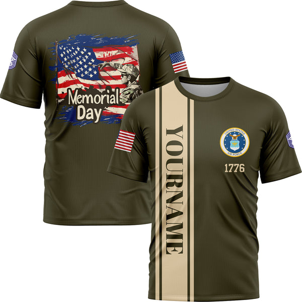 Custom Olive 1776 American Flag U.S Air Force Military Rank Name Memorial Day T-Shirt