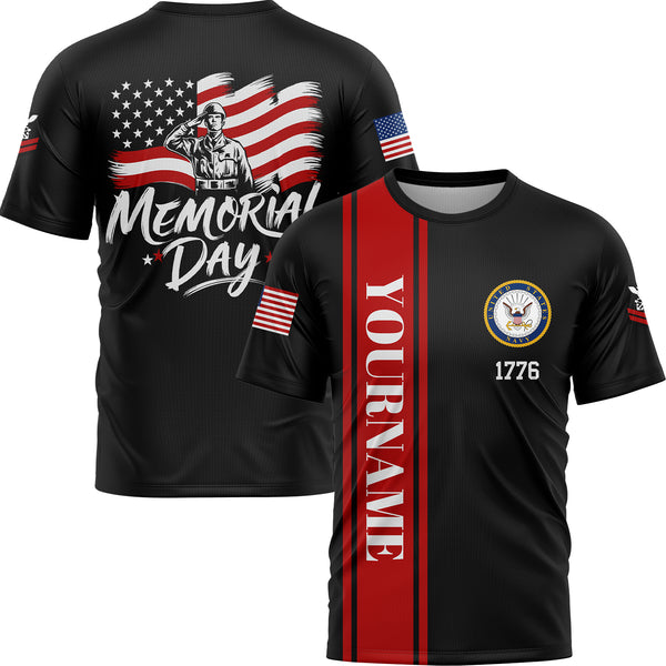 Custom Black 1776 American Flag U.S Navy Military Rank Name Memorial Day T-Shirt