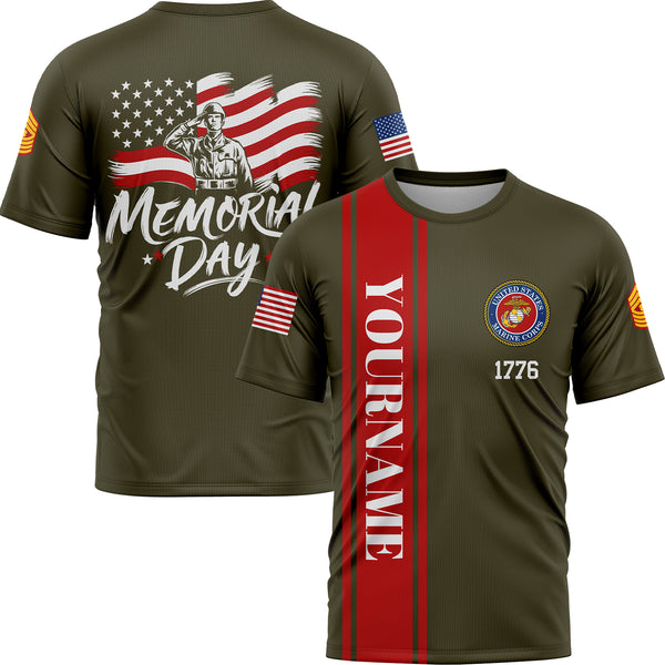 Custom Olive 1776 American Flag U.S Marine Corps Military Rank Name Memorial Day T-Shirt