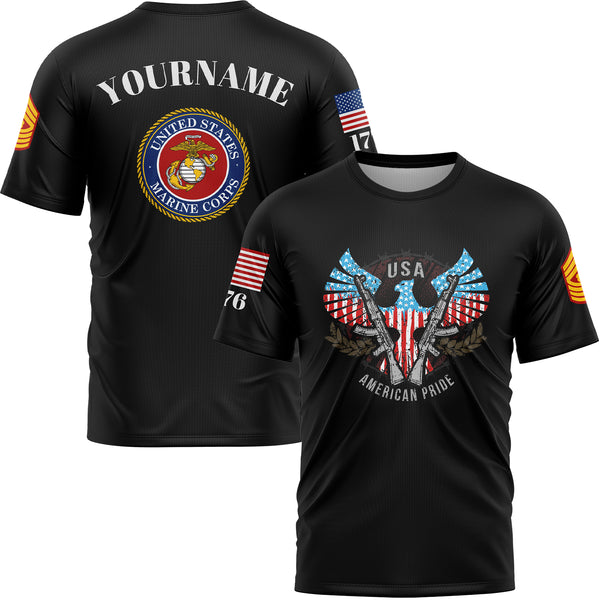 Custom Black USA Eagle Pride 1776 American Flag U.S Marine Corps Military Rank Name T-Shirt