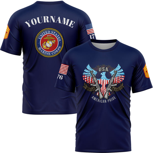 Custom Navy USA Eagle Pride 1776 American Flag U.S Marine Corps Military Rank Name T-Shirt