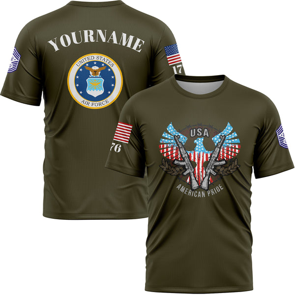 Custom Olive USA Eagle Pride 1776 American Flag U.S Air Force Military Rank Name T-Shirt