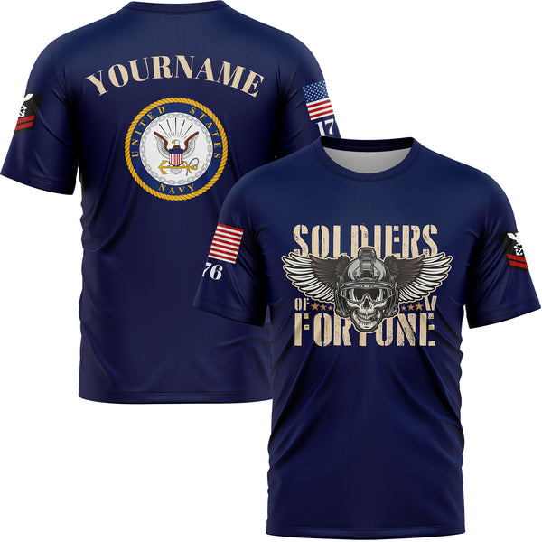 Custom Navy Skull Soldiers Of Fortune 1776 U.S Navy Military Rank Name T-Shirt