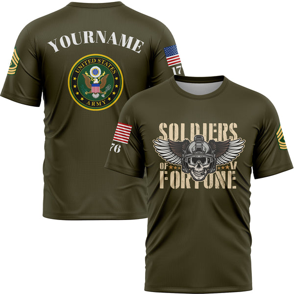 Custom Olive Skull Soldiers Of Fortune 1776 U.S Army Military Rank Name T-Shirt