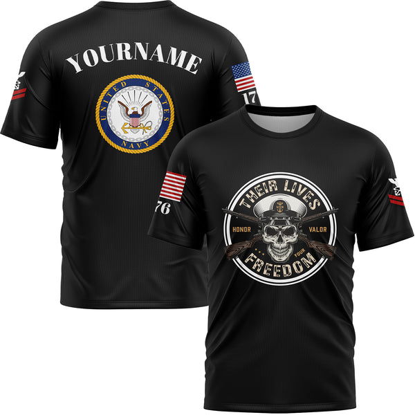 Custom Black Skull Their Lives Freedom 1776 U.S Navy Military Rank Name T-Shirt