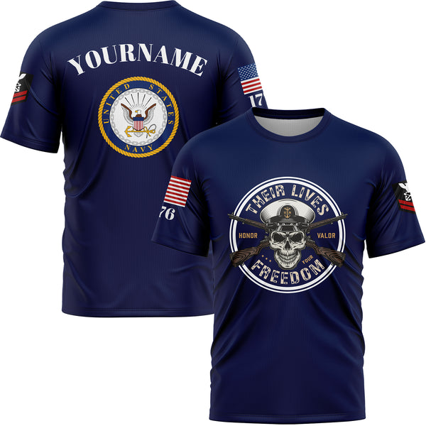 Custom Navy Skull Their Lives Freedom 1776 U.S Navy Military Rank Name T-Shirt