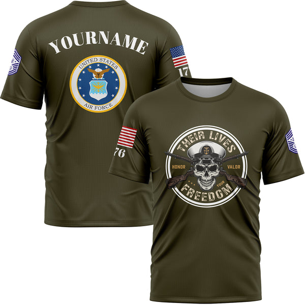 Custom Olive Skull Their Lives Freedom 1776 U.S Air Force Military Rank Name T-Shirt