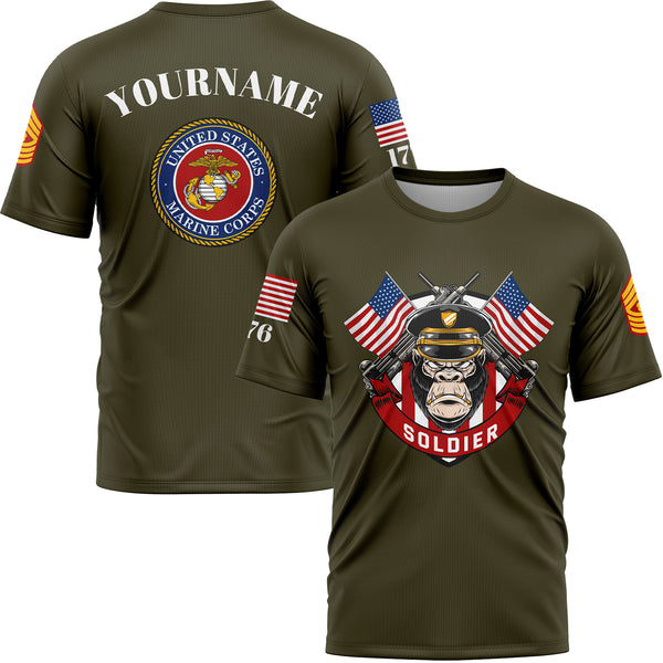 Custom Olive Orangutan Soldier 1776 American Flag U.S Marine Corps Military Rank Name T-Shirt