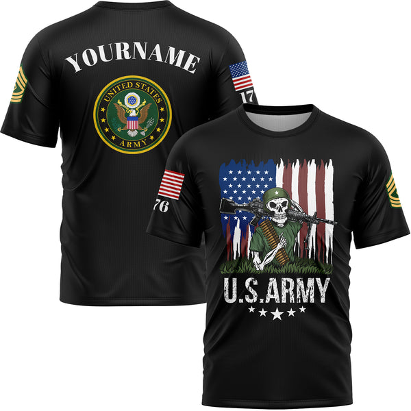 Custom Black Skull Soldier 1776 American Flag U.S Army Military Rank Name T-Shirt