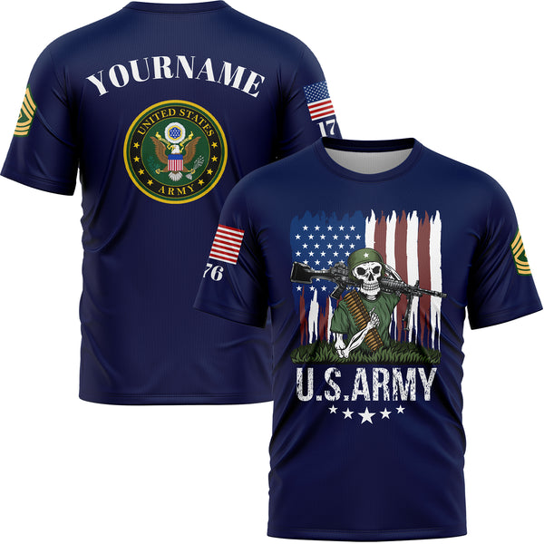 Custom Navy Skull Soldier 1776 American Flag U.S Army Military Rank Name T-Shirt