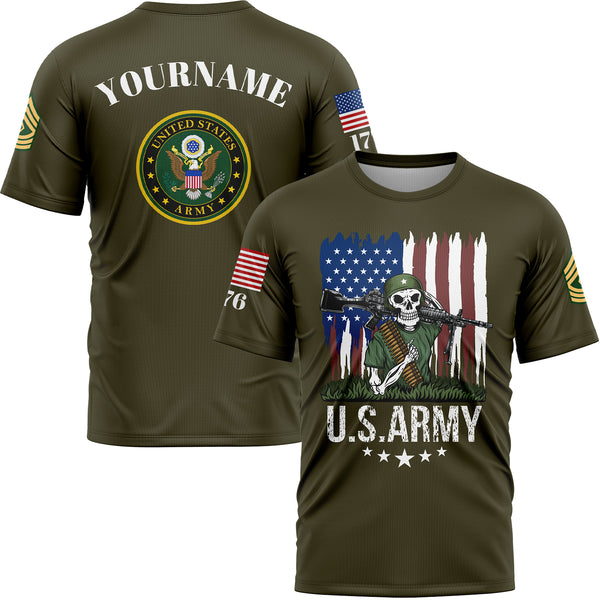 Custom Olive Skull Soldier 1776 American Flag U.S Army Military Rank Name T-Shirt
