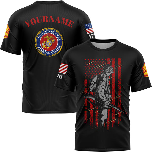 Custom Black 1776 American Flag U.S Marine Corps Military Rank Name T-Shirt