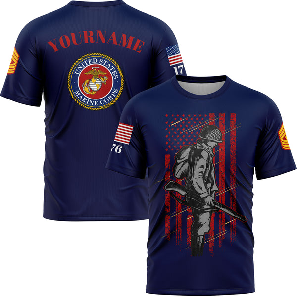 Custom Navy 1776 American Flag U.S Marine Corps Military Rank Name T-Shirt