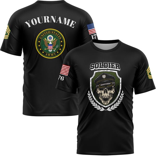 Custom Black Skull Soldier 1776 U.S Army Military Rank Name T-Shirt