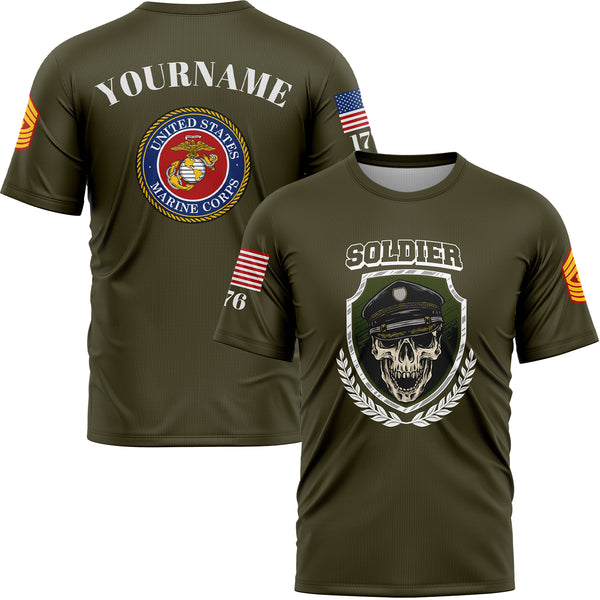 Custom Olive Skull Soldier 1776 U.S Marine Corps Military Rank Name T-Shirt