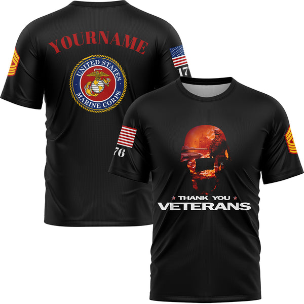 Custom Black Thank You Veterans 1776 U.S Marine Corps Military Rank Name T-Shirt