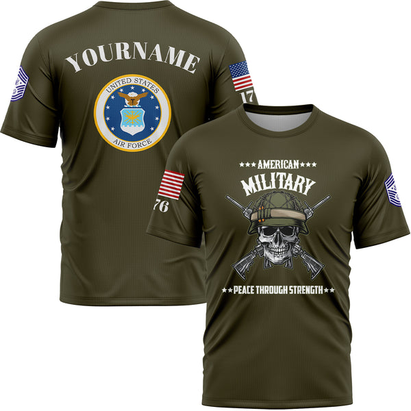 Custom Olive Skull 1776 U.S Air Force Military Rank Name T-Shirt