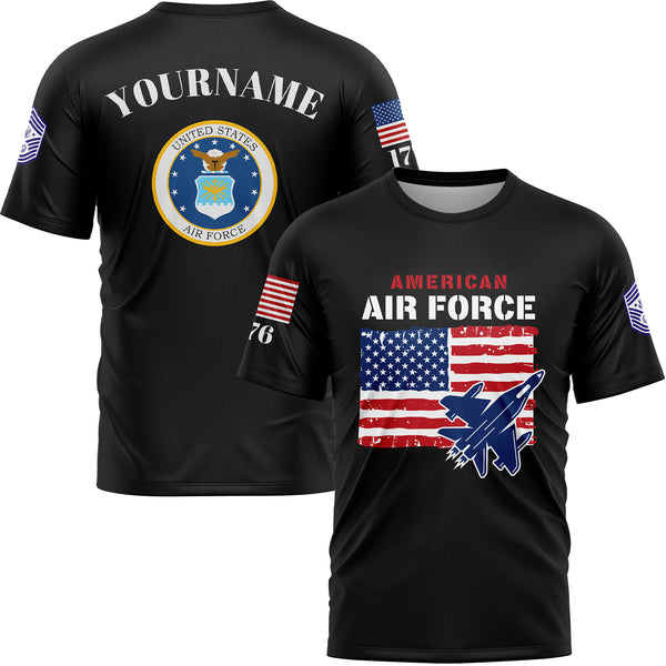 Custom Black 1776 American Flag U.S Air Force Military Rank Name T-Shirt