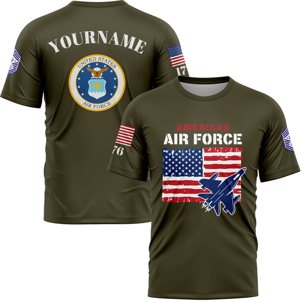 Custom Olive 1776 American Flag U.S Air Force Military Rank Name T-Shirt
