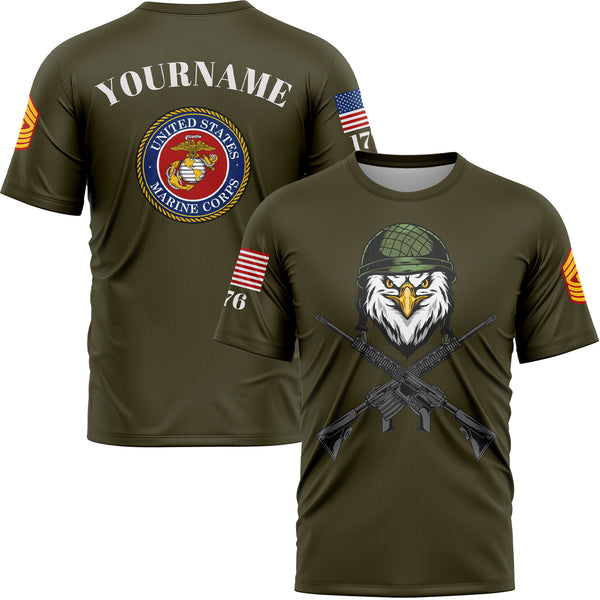 Custom Olive Eagle 1776 U.S Marine Corps Military Rank Name T-Shirt