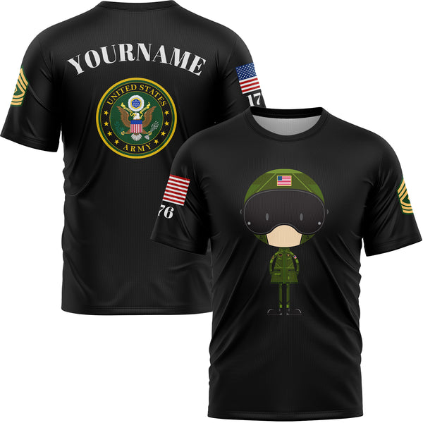 Custom Black Cartoon 1776 U.S Army Military Rank Name T-Shirt