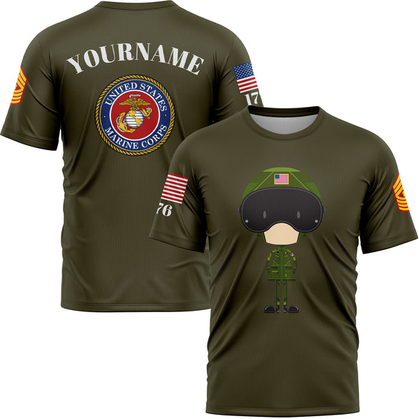 Custom Olive Cartoon 1776 U.S Marine Corps Military Rank Name T-Shirt