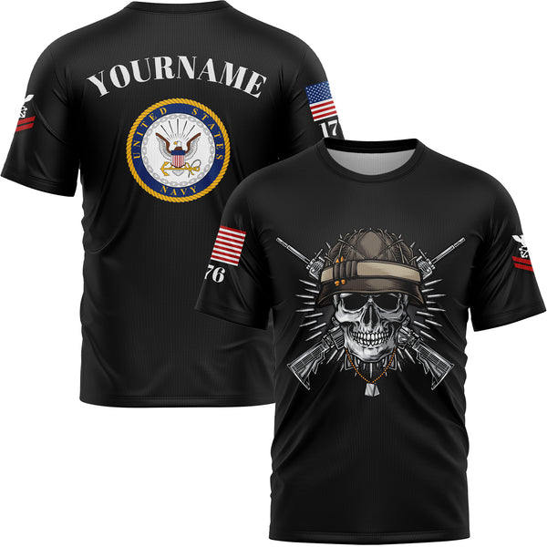 Custom Black Skull 1776 U.S Navy Military Rank Name T-Shirt