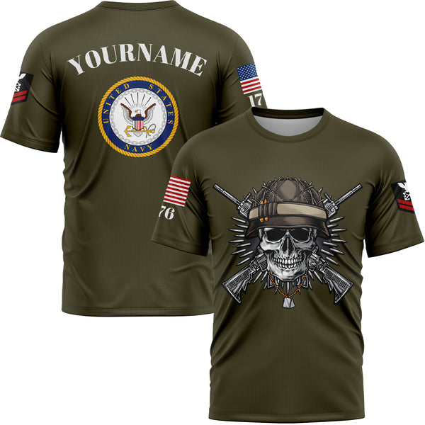 Custom Olive Skull 1776 U.S Navy Military Rank Name T-Shirt