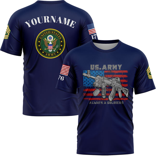 Custom Navy Always A Soldiers 1776 American Flag U.S Army Military Rank Name T-Shirt