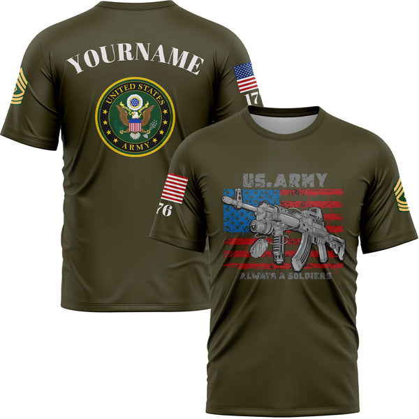Custom Olive Always A Soldiers 1776 American Flag U.S Army Military Rank Name T-Shirt