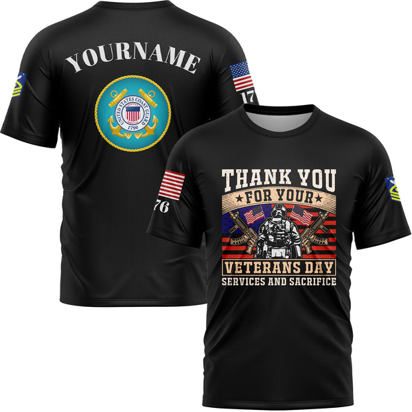 Custom Black Thank You For Your Services And Sacrifice 1776 American Flag U.S Coast Guard Military Rank Name Veterans Day T-Shirt
