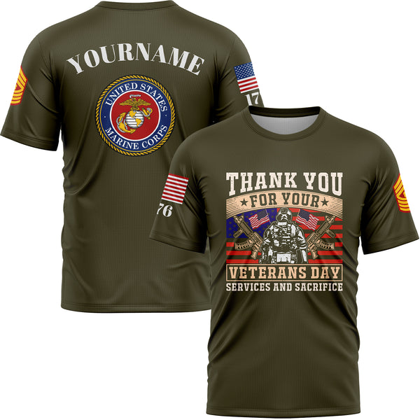Custom Olive Thank You For Your Services And Sacrifice 1776 American Flag U.S Marine Corps Military Rank Name Veterans Day T-Shirt