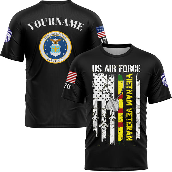 Custom Black Vietnam Veteran 1776 American Flag U.S Air Force Military Rank Name Veterans Day T-Shirt