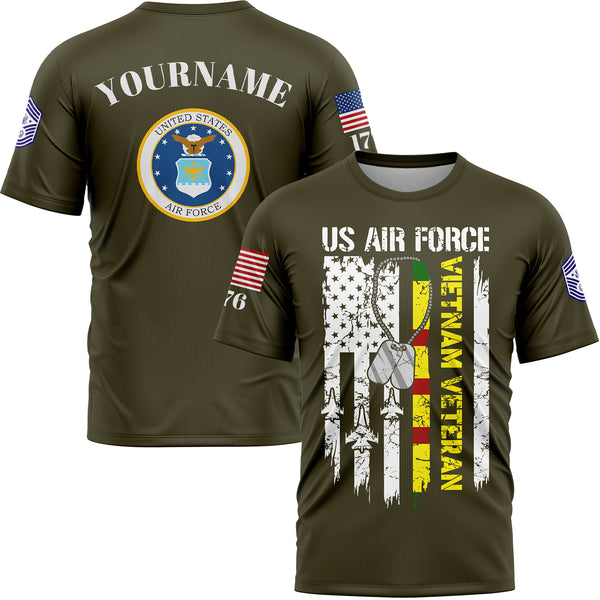 Custom Olive Vietnam Veteran 1776 American Flag U.S Air Force Military Rank Name Veterans Day T-Shirt
