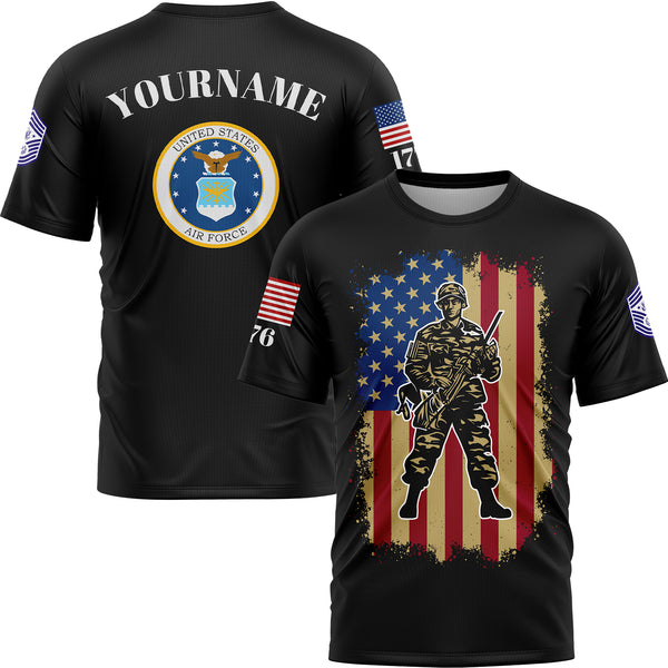 Custom Black 1776 American Flag U.S Air Force Military Rank Name T-Shirt